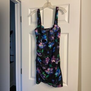 Perfect Essence Black Floral Mesh Bustier Tulip Mini Dress